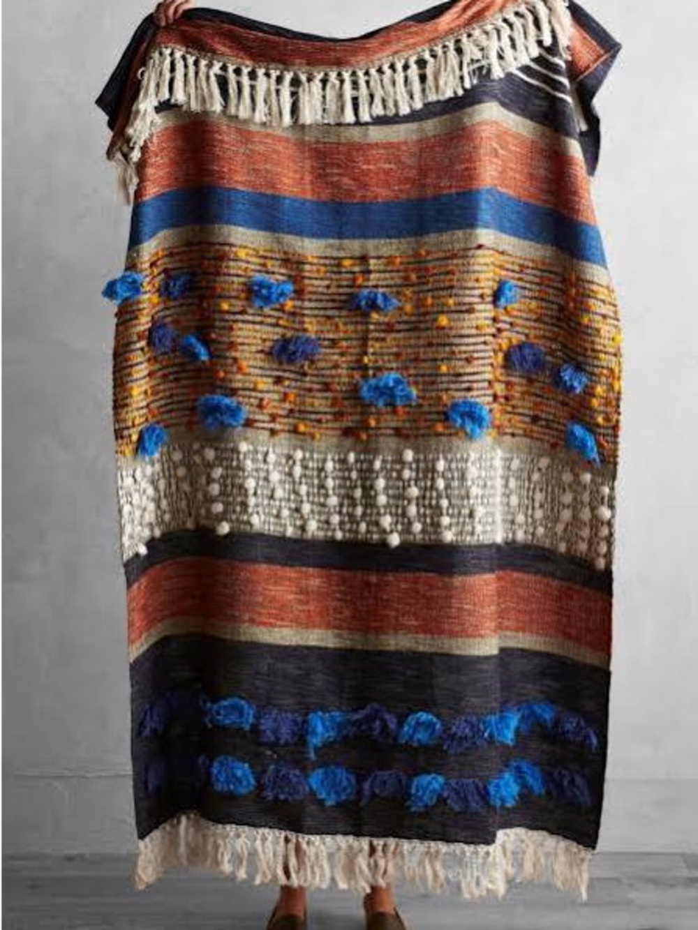 Anthropologie All Roads Design Majida Throw Blanket Boho Pom Pom Textured